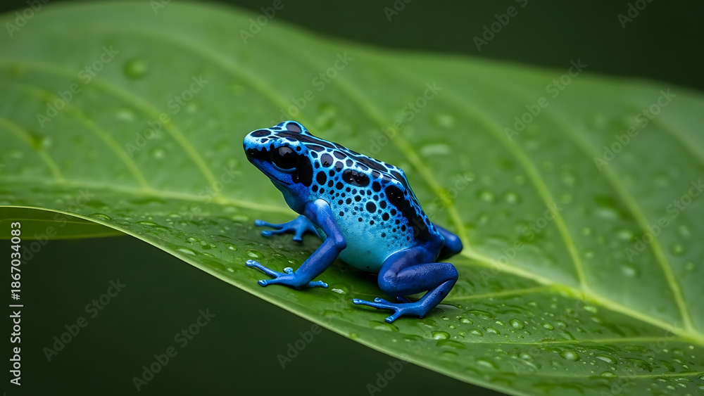 Obraz premium Blue Poison Dart Frog on Leaf in Rainforest Setting