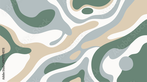 Abstract camouflage pattern, organic shapes, muted green beige gray white, flowing design, military fashion, nature texture, wallpaper, flat vector illustration