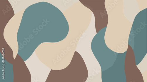 Abstract camouflage pattern, organic interlocking shapes, muted teal beige brown off-white tones, fluid texture design, flat vector illustration