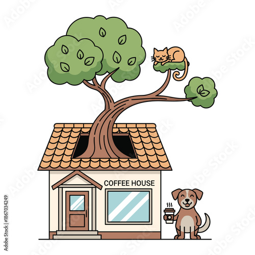 Charming coffee house with a tree growing through its roof and a dog enjoying a coffee