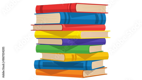 A vibrant and colorful tall stack of diverse books, symbolizing the boundless journey of reading, comprehensive education, and the infinite pursuit of knowledge and intellectual growth
