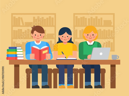 Students studying together at a library table with books and a laptop, representing education and learning