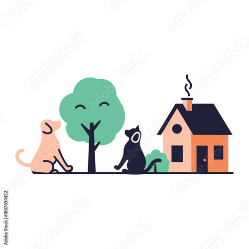 A dog and cat sit outside a house with a tree