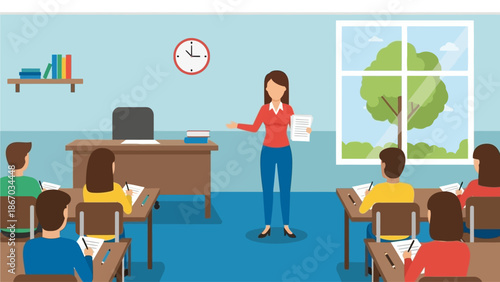 Dynamic illustration of a teacher actively instructing students in a well-lit classroom, promoting effective learning strategies and a supportive environment for quality education