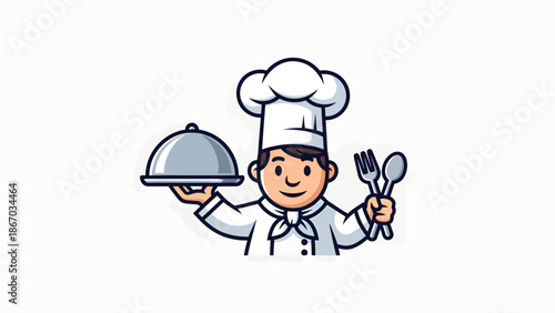 Smiling Chef Holding a Silver Cloche and Cutlery Ready to Serve Delicious Food.