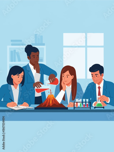 Educational science experiment for students learning about volcanic eruptions in a classroom laboratory