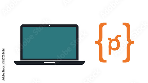 Laptop and open curly brace with a symbol representing software development or programming concept