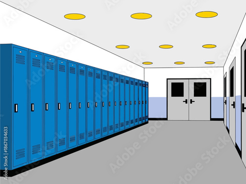 Illustration of an empty school hallway featuring a long row of bright blue metal lockers leading towards closed double doors in a clean, modern educational institution setting