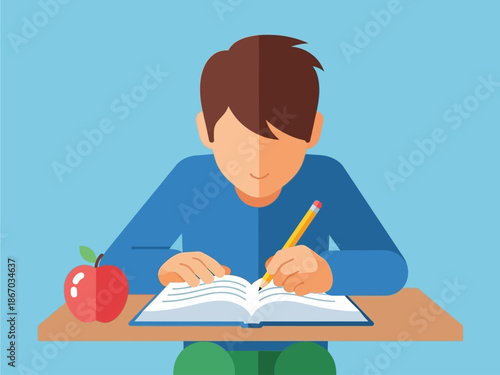 Focused young student diligently studying, writing notes in a book with a pencil at a desk, representing education, knowledge, and academic pursuits