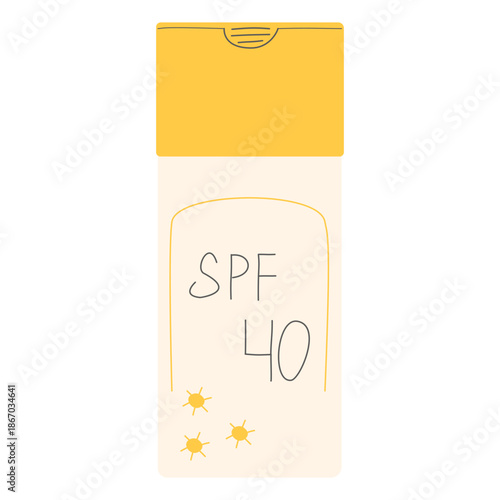 Sunscreen lotion bottle SPF 40 for sun protection. Minimalistic vector illustration for summer skin care, UV protection and beach vacation concepts. Modern flat design with handdrawn elements perfect