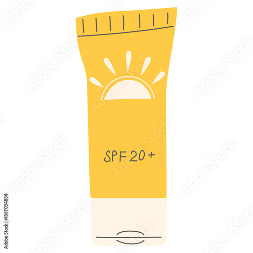 Yellow sunscreen tube SPF 20 plus with sun icon. Minimalistic vector illustration for summer skin care, UV protection and beach vacation concepts. Modern flat design with handdrawn elements perfect 