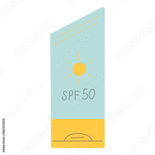 Sunscreen cream tube SPF 50 for facial skin protection. Minimalistic vector illustration for summer skin care, UV protection and beach vacation concepts. Modern flat design with handdrawn elements
