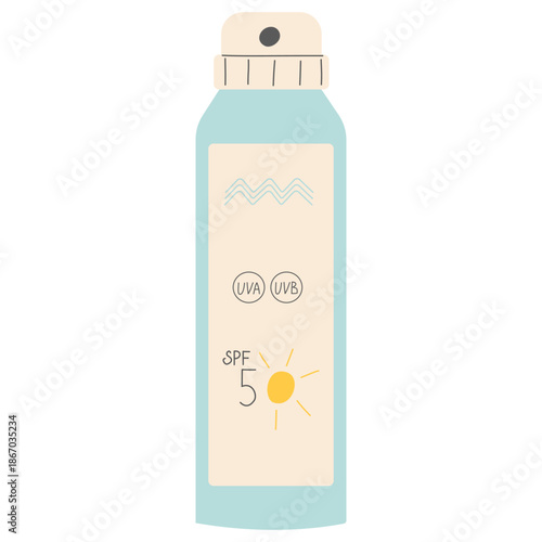 Sunscreen spray bottle with SPF 50 for skin care. Minimalistic vector illustration for summer skin care, UV protection and beach vacation concepts