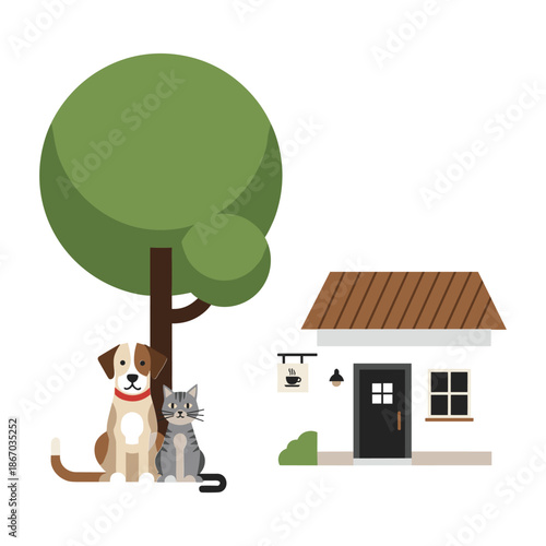 A dog and cat sit under a tree near a cafe