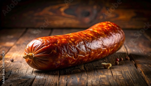 Smoked processed sausage displayed whole