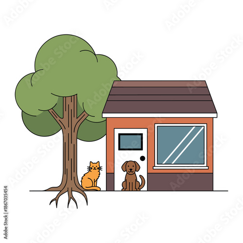 A cat and dog wait patiently outside a small house under a large tree