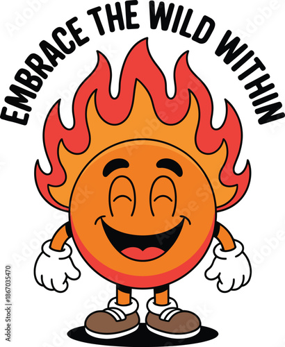 Cartoon fire character with smiling face and arms embracing the wild within