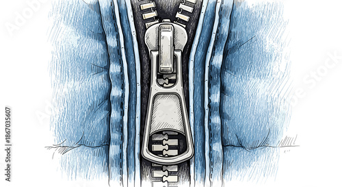 Zipper detail on blue jacket with padded texture and metal teeth  