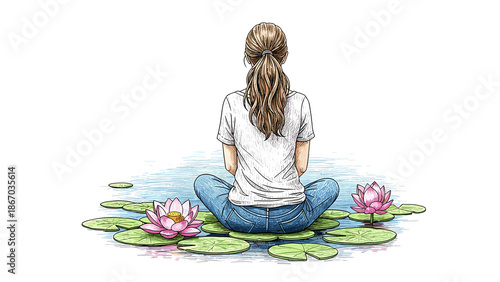 Young woman meditating on lily pads in tranquil water setting  