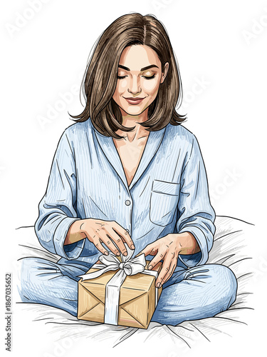 Woman in pajamas opening gift while sitting on bed at home  