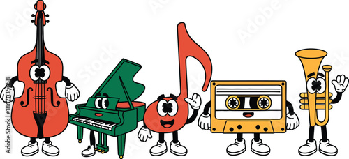 Colorful musical instruments and with faces standing together