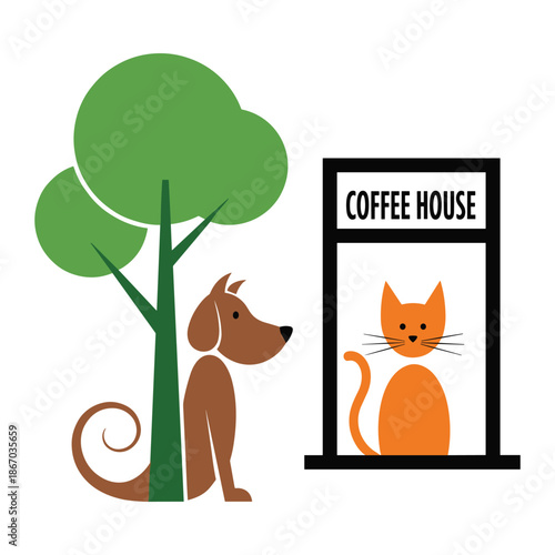 Friendly dog waits outside a coffee house with a cat inside