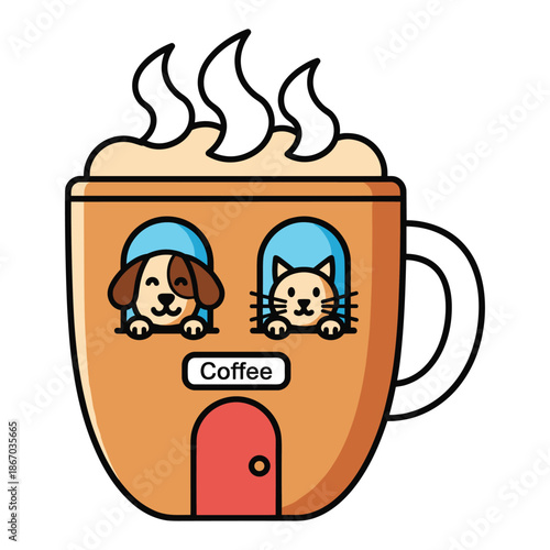 Cute dog and cat peeking out of coffee cup house
