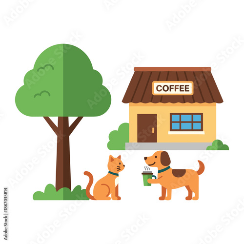 A dog enjoys coffee outside a tree trunk cafe run by a cat