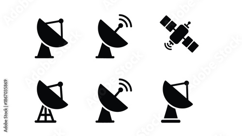 Satellite dishes and satellite icons in black silhouette style