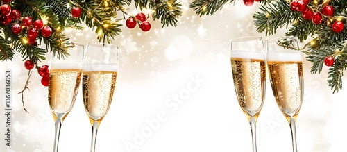 New Year's banner with champagne glasses and holly, copy space