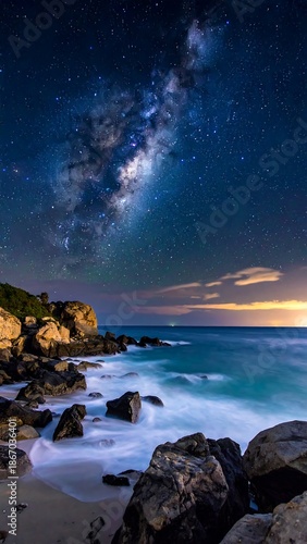 Coastal scene under the Milky Way, with gentle waves and rock formations