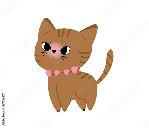 Valentine cute cat character vector illustration with blush cheeks and pink collar. Sweet romantic design for greeting cards, stickers, icons and nursery decor.