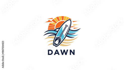 Surfboard on a wave at sunrise logo.