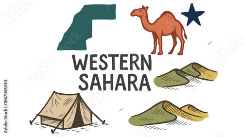 Western Sahara desert landscape with camel and tent