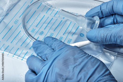 Quadro su tela hands in rubber gloves hold a catheter