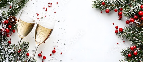 New Year's banner with champagne glasses and holly, copy space
