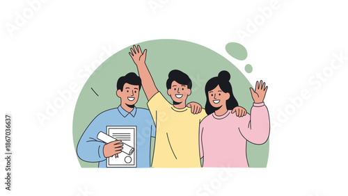 Three happy young people celebrating success together.