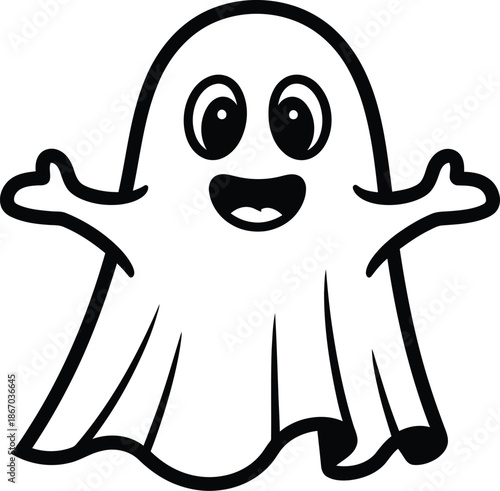 Adorable cartoon black and white outline drawing of a happy friendly little ghost mascot character with wide open arms ready for a playful spooky hug