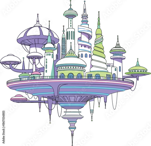 Whimsical pastel colored floating city skyline illustration featuring futuristic architecture and vibrant neon glow details on a clean white background.