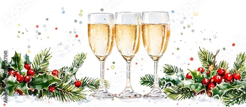 New Year's banner with champagne glasses and holly, copy space
