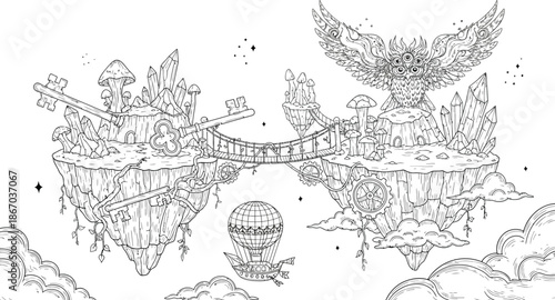 Whimsical coloring page featuring floating islands connected by a rope bridge guarded by a mythical multi-eyed owl near giant keys and mushrooms.
