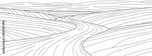 Black and white line art illustration depicts a winding road leading through rolling hills and contoured agricultural fields under a clear sky, ready for coloring activities.