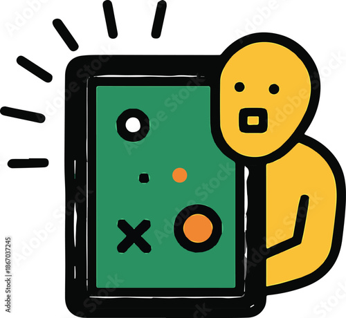 A minimalist vector icon of a yellow person with a square mouth peering out from behind a green frame with scattered white