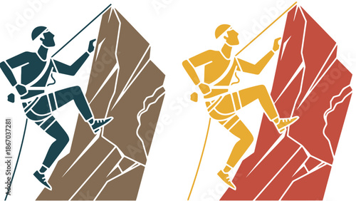 Rock climbers ascending steep mountain peaks with ropes