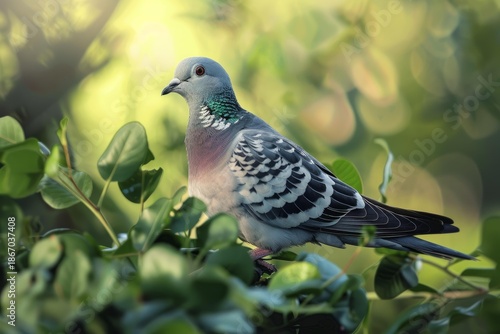 Common wood pigeon resting on a branch amidst vibrant green leaves, enjoying the warm sunlight filtering through the foliage