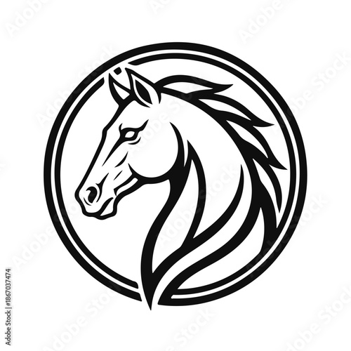 Elegant horse head profile in a circular frame, black and white vector logo. stallion emblem, equestrian sport, horse racing, animal profile