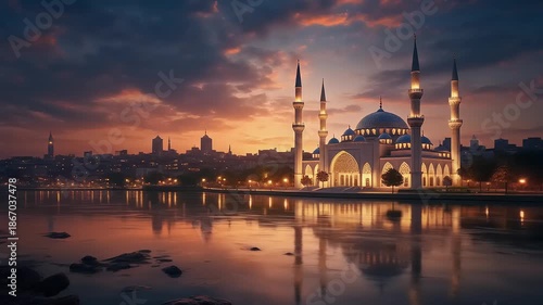 Majestic Grand Mosque Exterior at Twilight with Glowing Minarets,City Skyline,and Serene River 