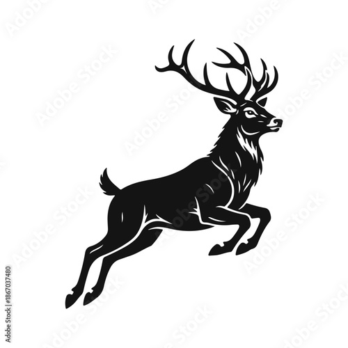 Elegant jumping deer with large antlers, black silhouette vector isolated on white. stag logo, wild reindeer, hunting emblem, forest animal, nature symbol