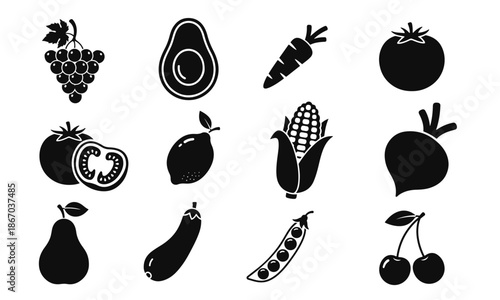 Collection of organic food icons, black silhouette fruit and vegetable set isolated on white. healthy lifestyle, vegan diet, farm product, grocery store, garden harvest