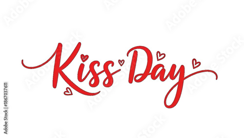 Kiss day romantic script typography with red heart accents on clean white background for love expression greeting branding marketing and creative design use